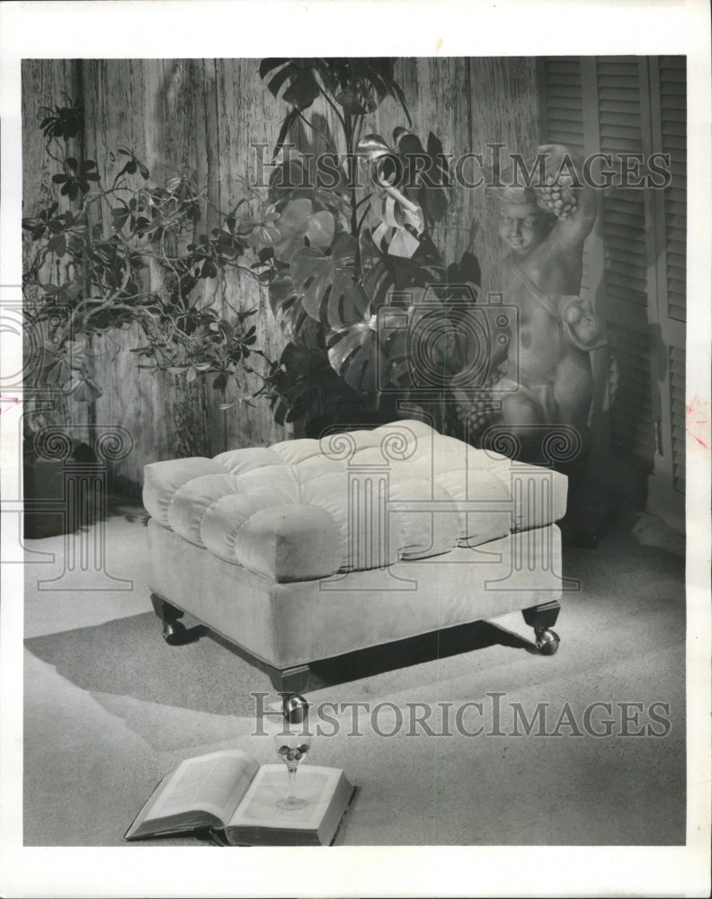 1965 Press Photo Tufted Ottoman Living Room Book Wine - RRW35077 - Historic Images