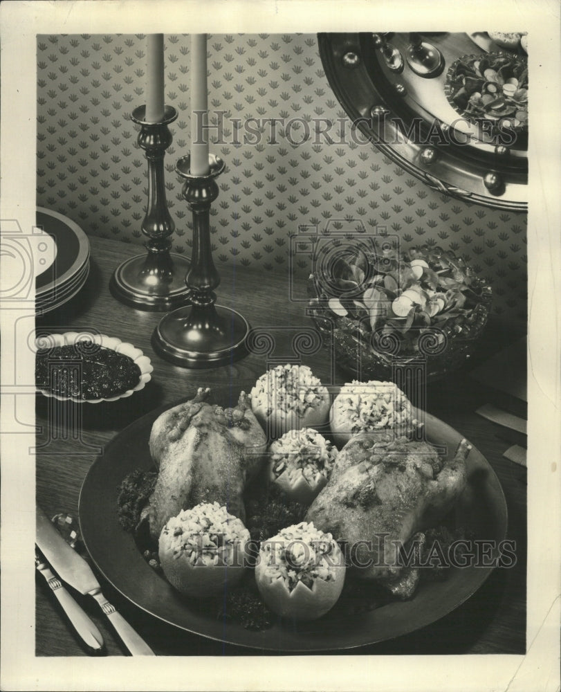 1966 Press Photo Pheasant With Rice Filled Orange Cups - RRW39011 - Historic Images