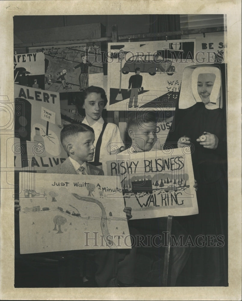 1955 Press Photo Accident Prevention Safety Poster Con - RRW39603 - Historic Images