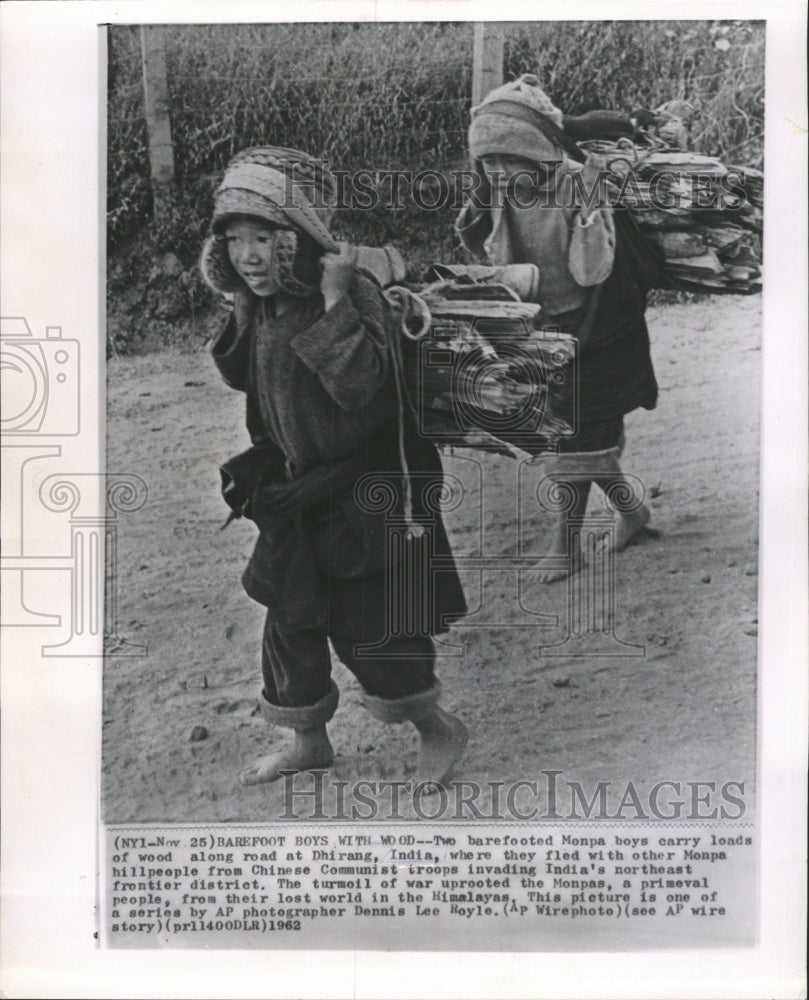 1962 Press Photo Monpa Boys Carry Wood Dhirang India - RRW44159 - Historic Images