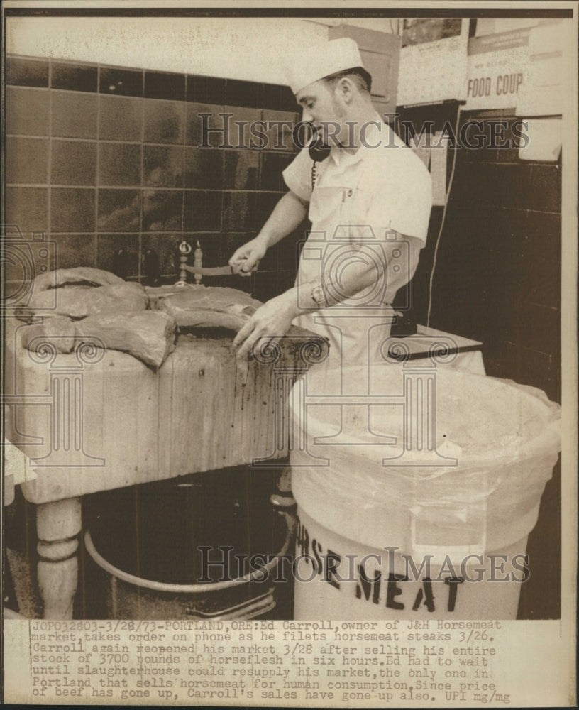 1973 Press Photo J &amp; H Horsemeat Carroll Owner - RRW44629 - Historic Images