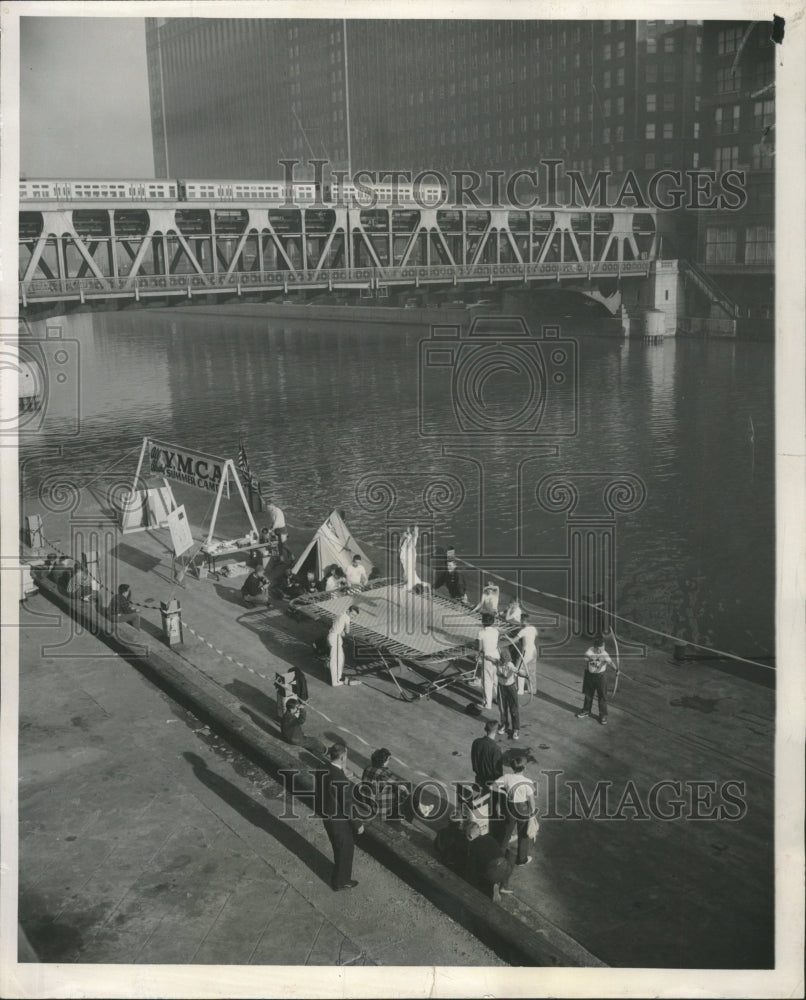 1957 Press Photo Barge YMCA River Camp Docked Bridge - RRW45247 - Historic Images