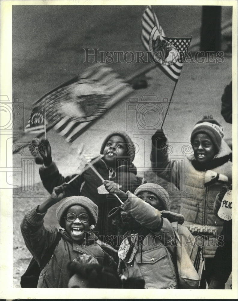 1983 Press Photo Kids Flags Peace March Catholic School - RRW51497 - Historic Images