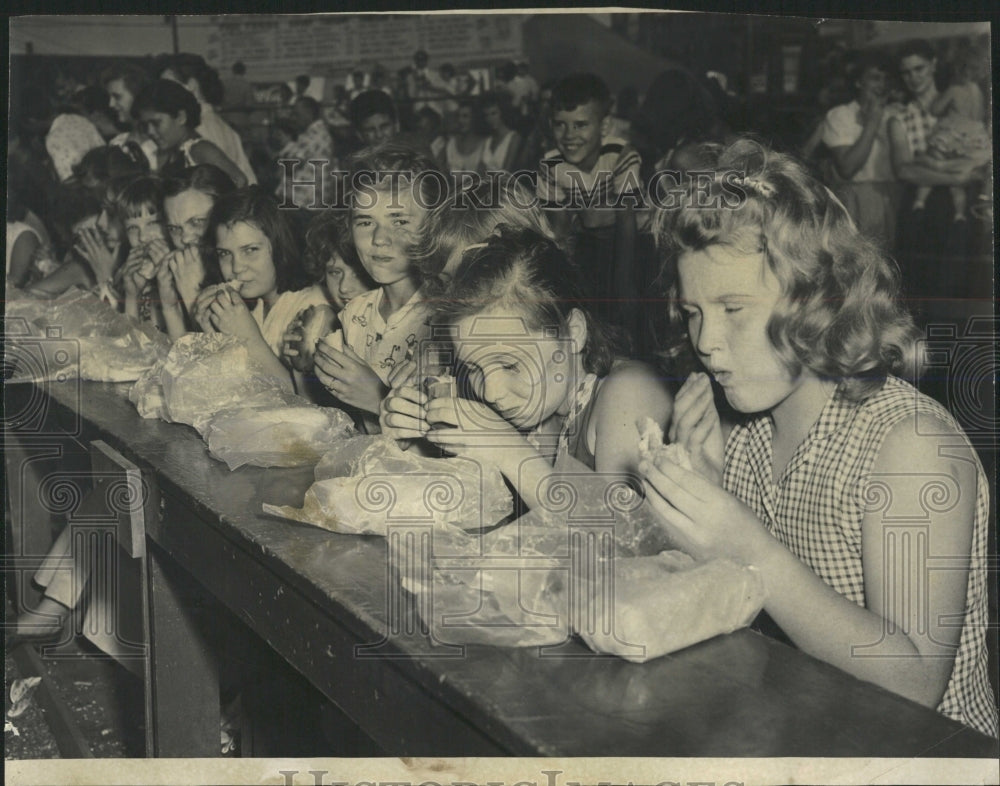 1956 Press Photo Kids Compete in Hot Dog Eating Contest - RRW53425 - Historic Images