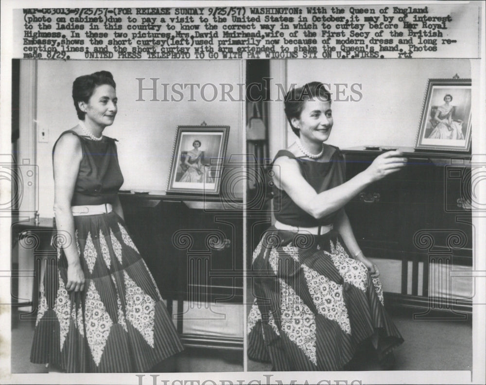 1957 Press Photo Mrs. David Muirhead Demos Curtsy - RRW54337 - Historic Images