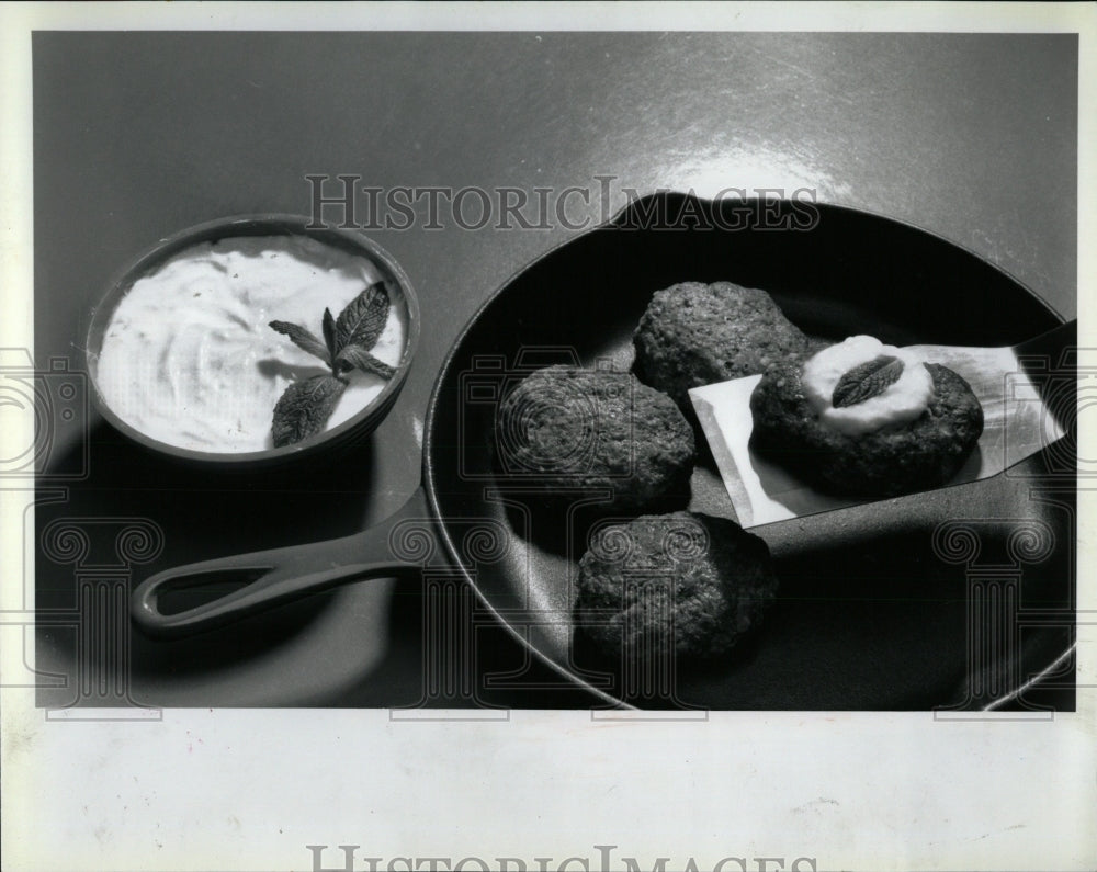 1991 Press Photo Meet burger Coll Hot Mint Yogurt sauce - RRW58271 - Historic Images