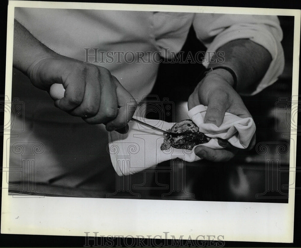 1983 Press Photo Bastille chef Kitchen towel oyster - RRW58439 - Historic Images