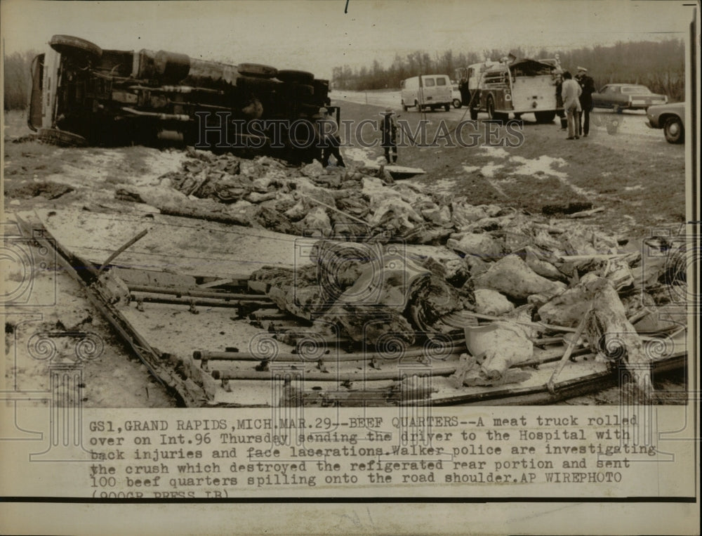 1974 Press Photo Beef Quarters meat truck rolled Driver - RRW59567 - Historic Images