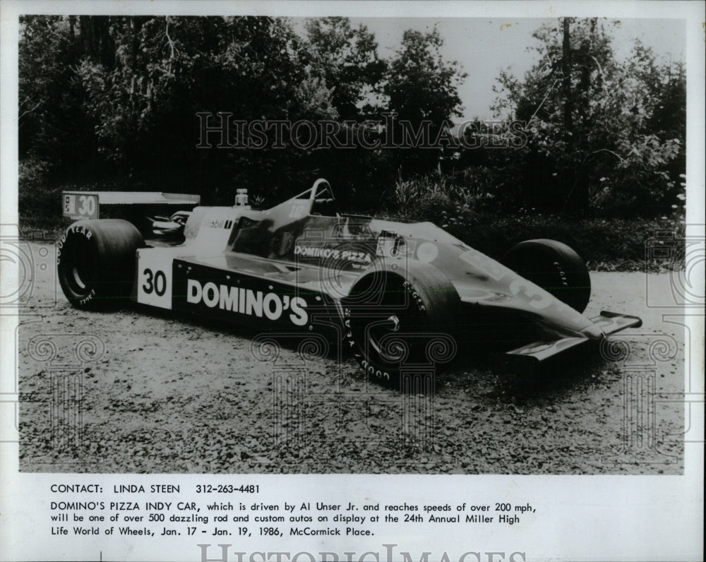 1986 Press Photo Al Unser Jr. Indy Car Domino&#39;s Pizza - RRW62719 - Historic Images