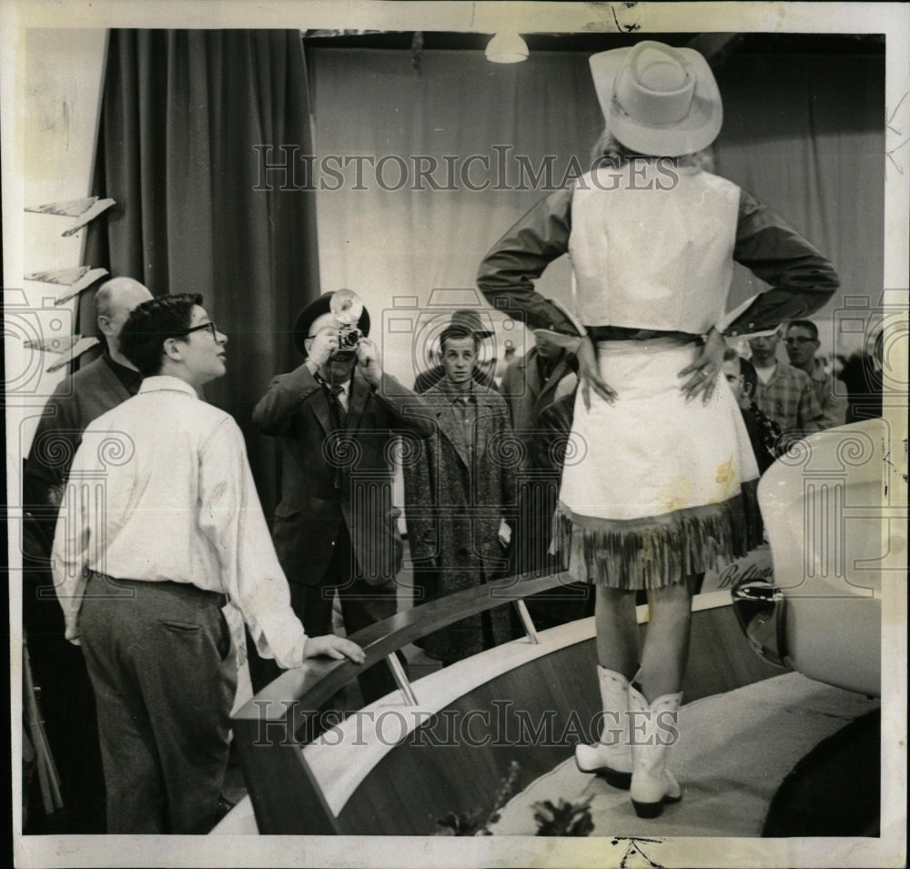 1960 Press Photo Auto Show Cowgirl Model Photographer - RRW70753 - Historic Images