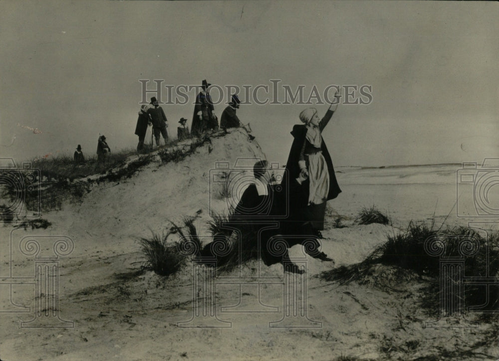 1926 Press Photo Drawing Pilgrims On Shore One Waving - RRW77507 - Historic Images