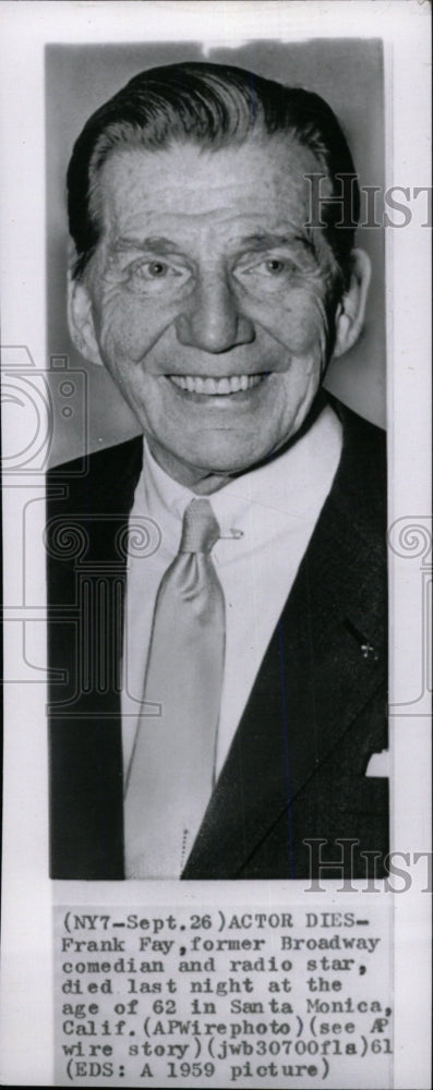 1959 Press Photo Frank Fay Former Broadway Comedian Act - RRW81243 - Historic Images