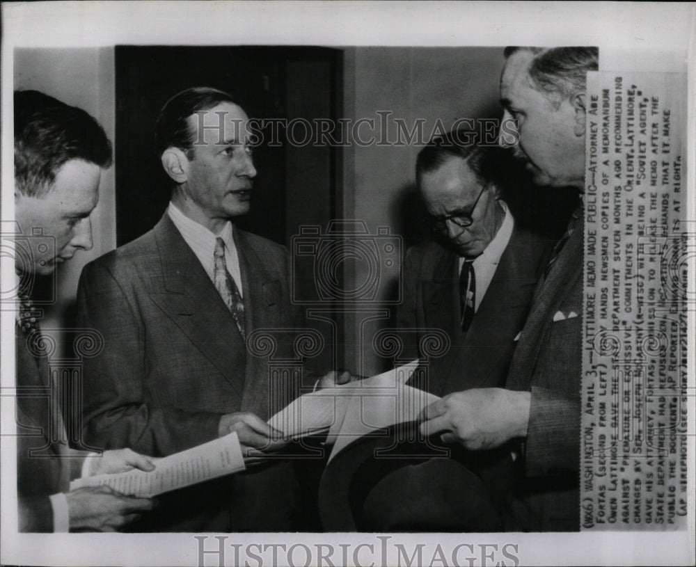 1950 Press Photo Abe Fortas Owen Lattimore Memorandum - RRW85509 - Historic Images