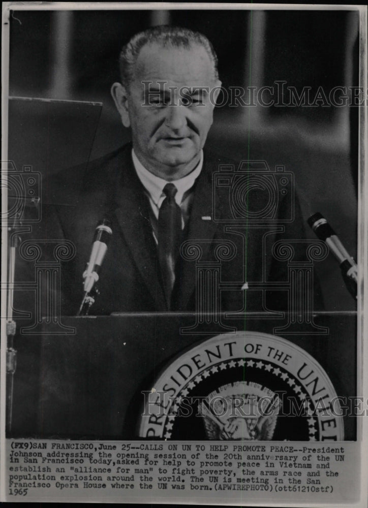 1965 Press Photo President Johnson addressing crowd UN - RRW98927 - Historic Images