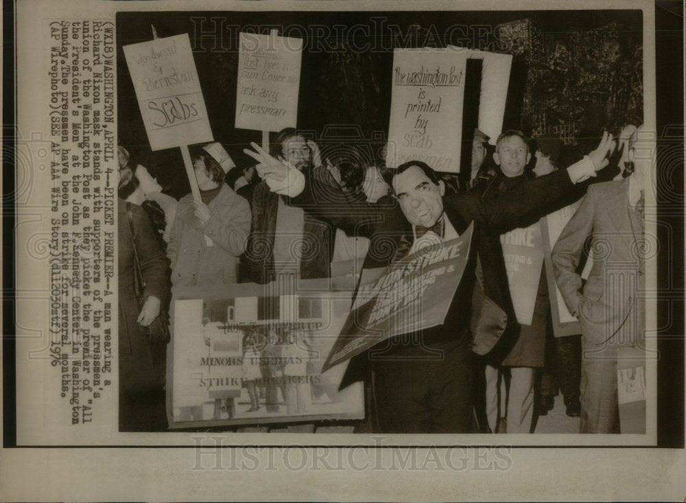 1976, man wearing Richard Nixon mask stand - RRX00501 - Historic Images