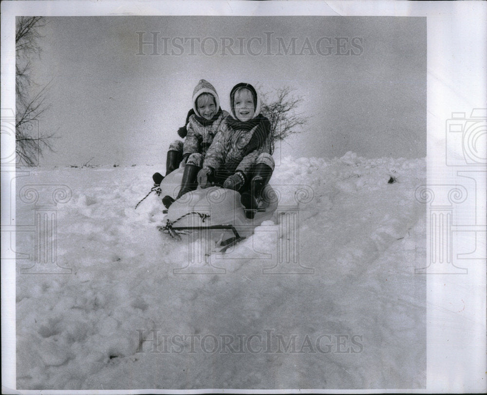 1973 Sledding Miller Twins - Historic Images