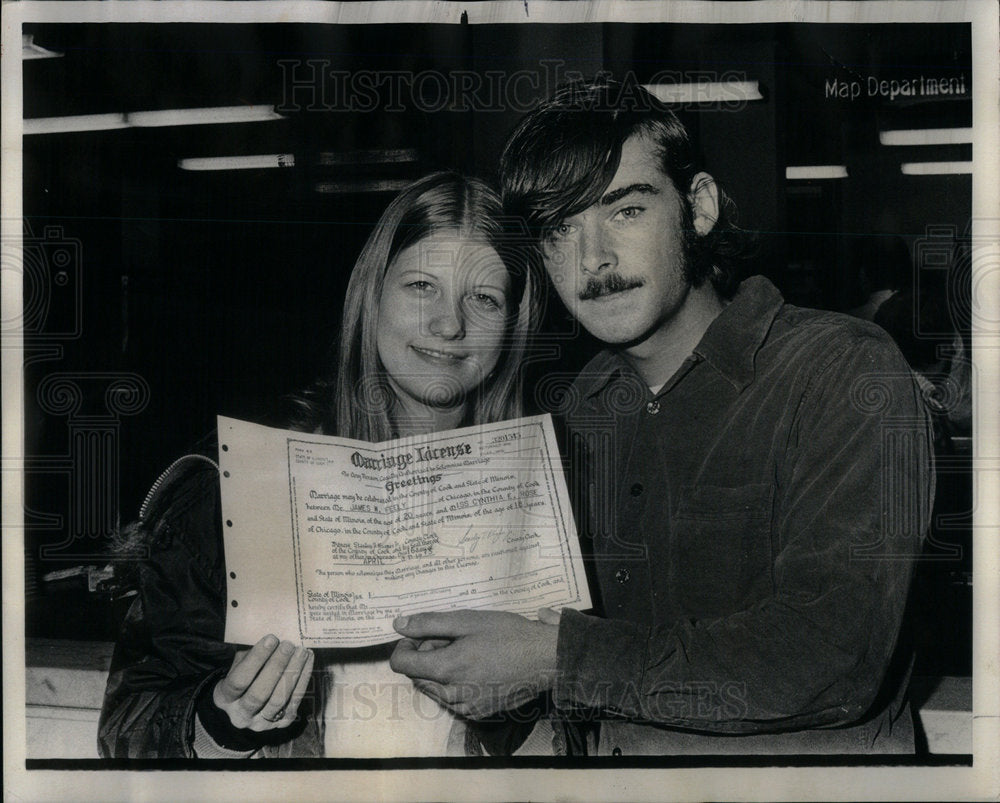 1973 Jim Feely Cyndi Rose marriage license - Historic Images