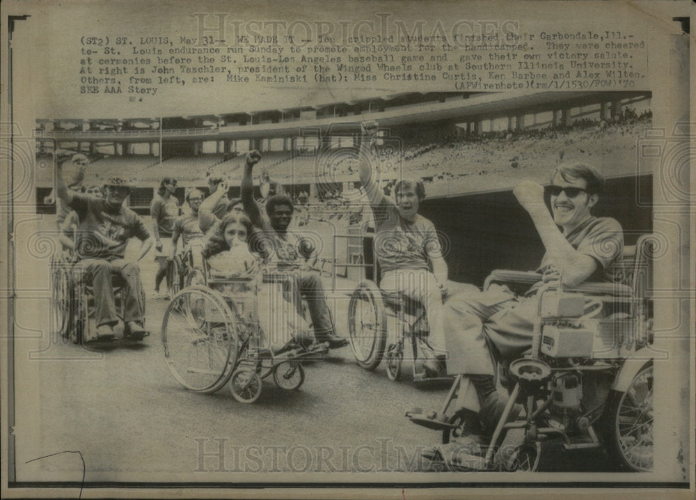 1970 Crippled student finishing their endur - Historic Images