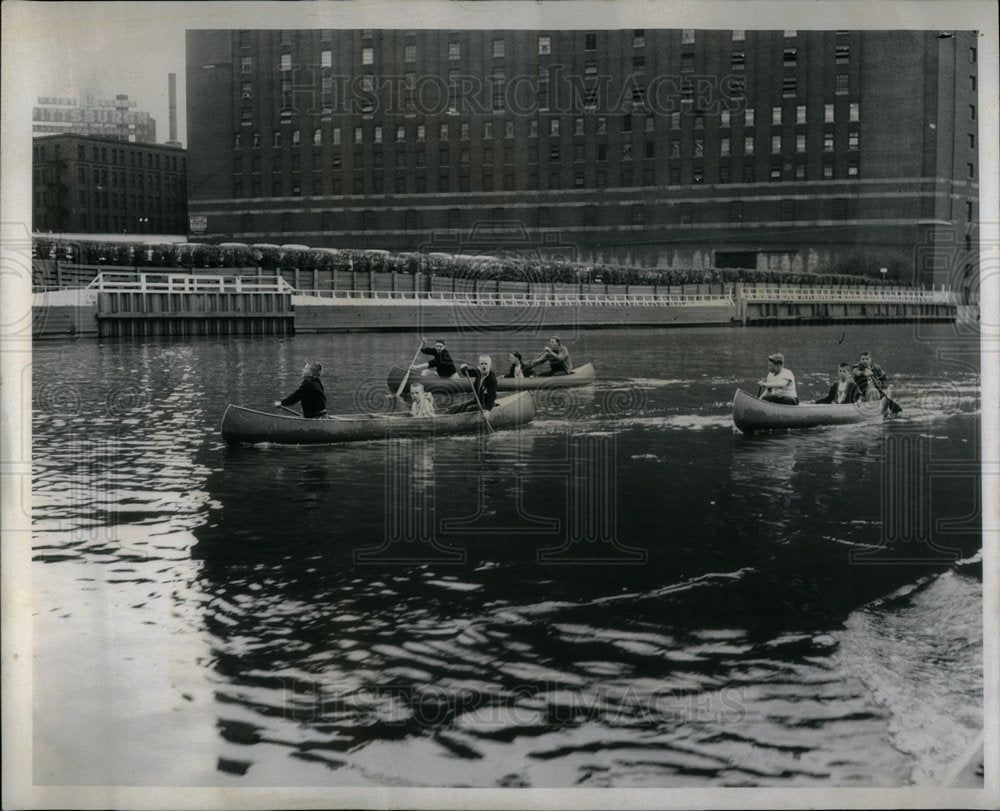 1959 YMCA Canoers Michigan Bridge Big Boat - Historic Images