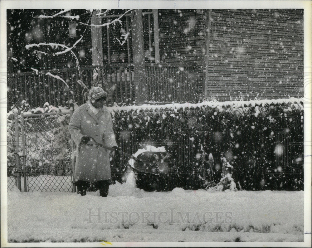 1981 Shovel bit Woman clears brown snow - Historic Images