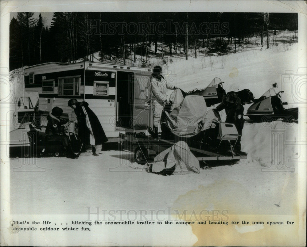 Snowmobile trailer camper winter fun snow - Historic Images