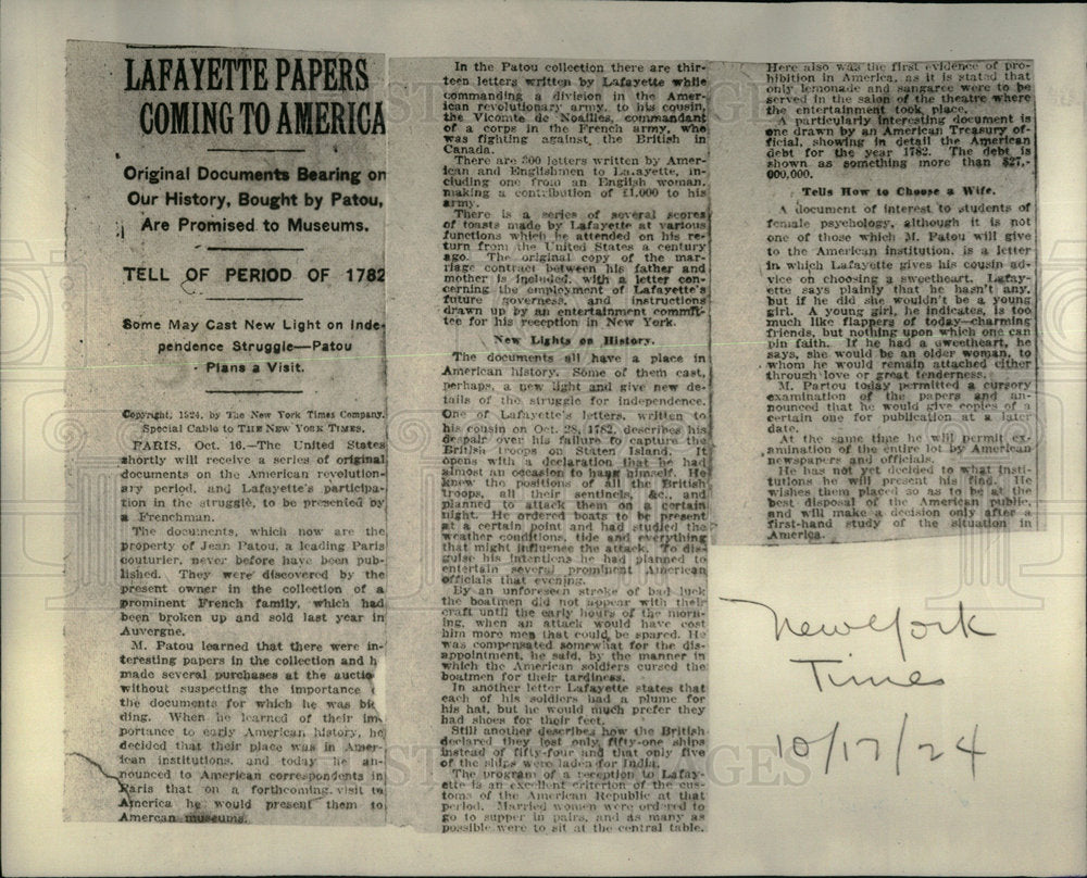 1924 Lafayette paper coming America Cutting - Historic Images