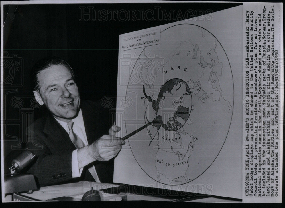 1958 Amb. Henry Cabot Lodge w/Arctic map - Historic Images