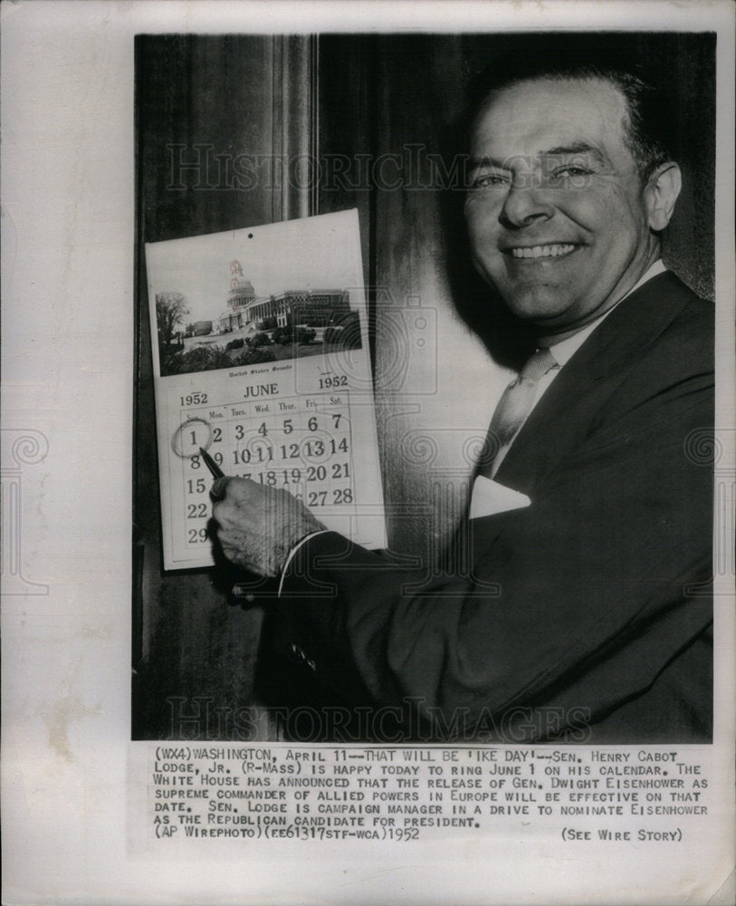 1952 Senatar Henry Cabot Lodge Jr Calendar - Historic Images