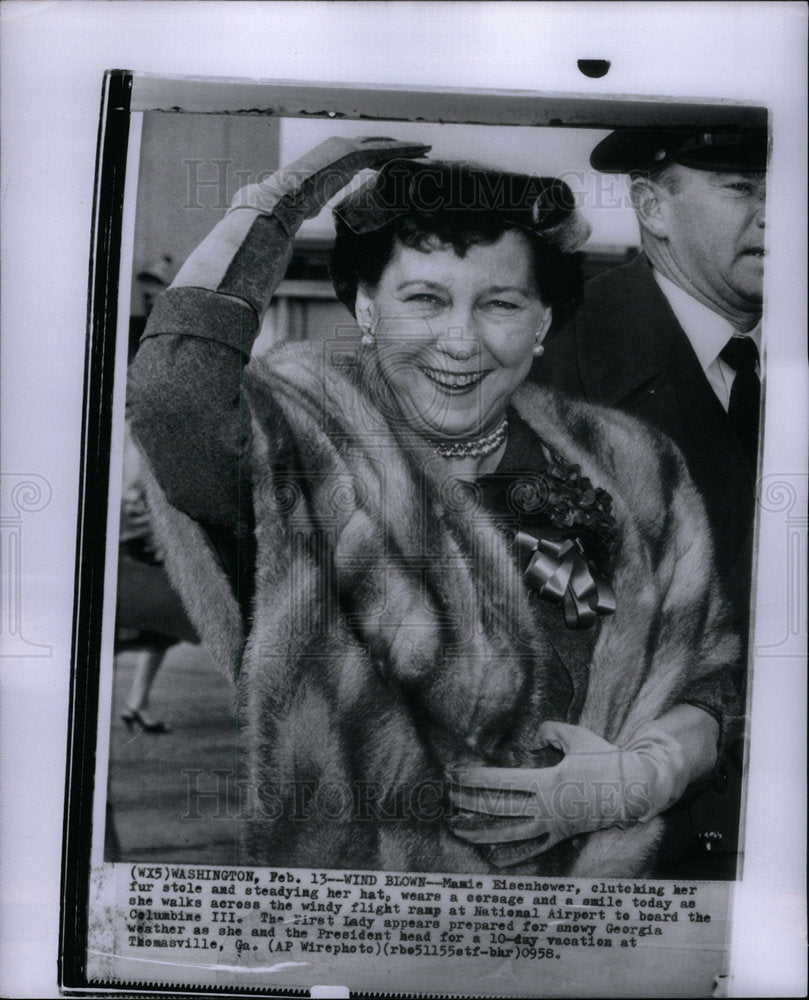 1958 Eisenhower fur stole hat corsage ramp - Historic Images