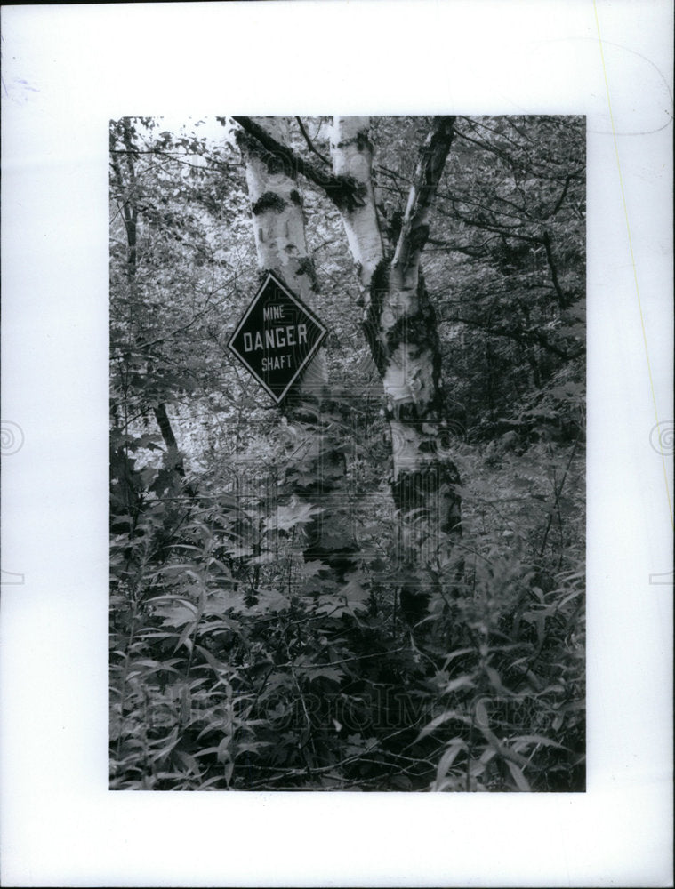 1992 Press Photo Sign board Mine Danger Shaft Forest - Historic Images