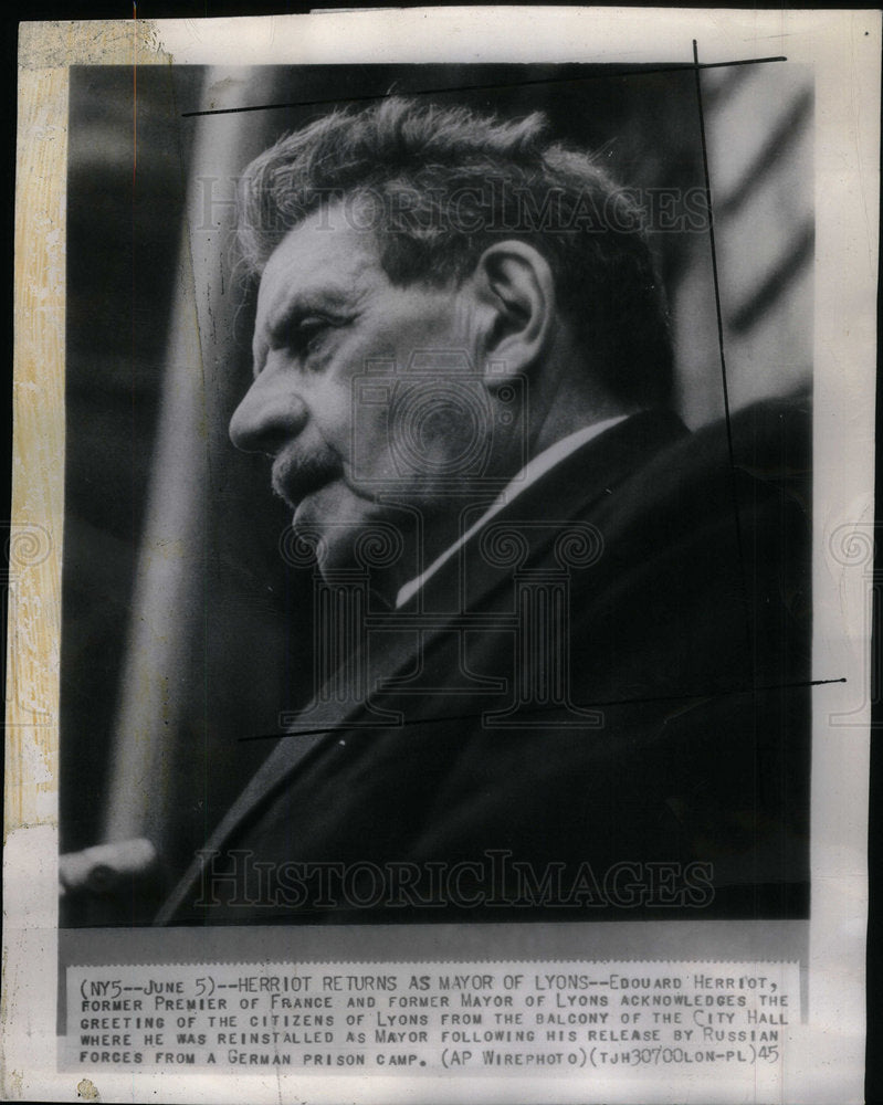 1945 Press Photo Edouard Herriot Lyons Fracne Balcony - Historic Images