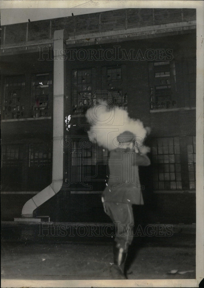 1937 Photo Officer Shoots Tear Gas In Fansteel Met. - Historic Images