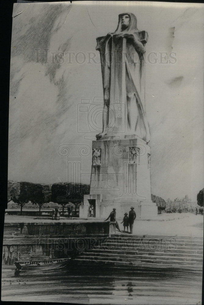 Press Photo Christopher Columbus Statue Visitors - Historic Images