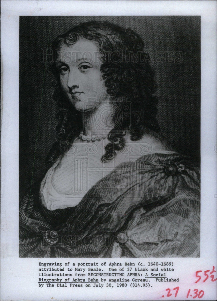 1980 Press Photo Engraving of Aphra Behn Mary Beale - Historic Images