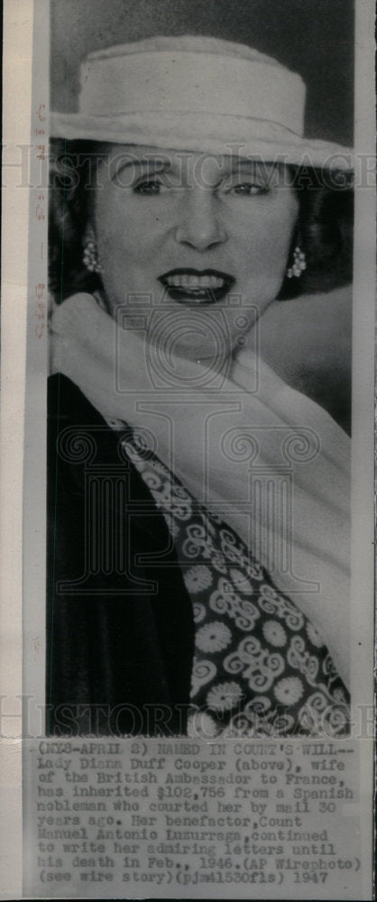 1947 Press Photo Lady Diana Duff Cooper - Historic Images