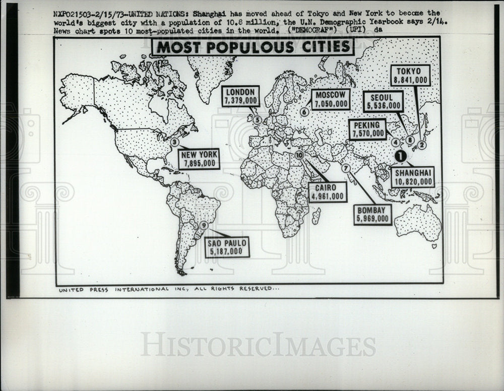 1973 Press Photo Map of ,Most populated cities - Historic Images