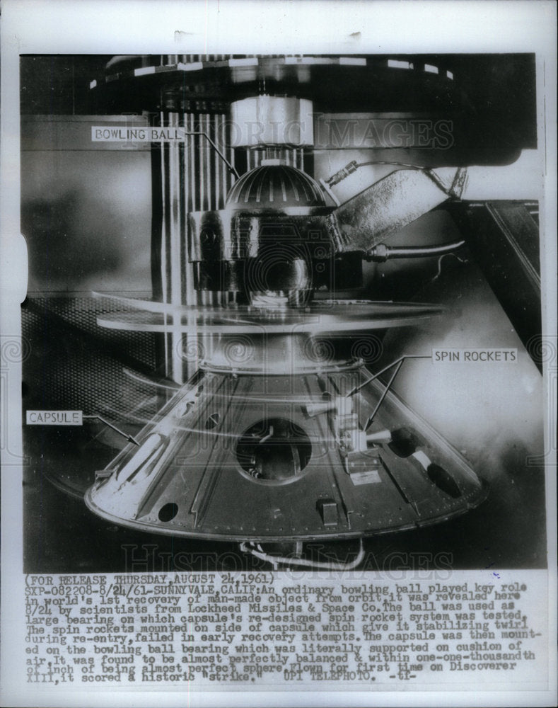 1961 Press Photo Spin rocket Missiles Space system ball - Historic Images