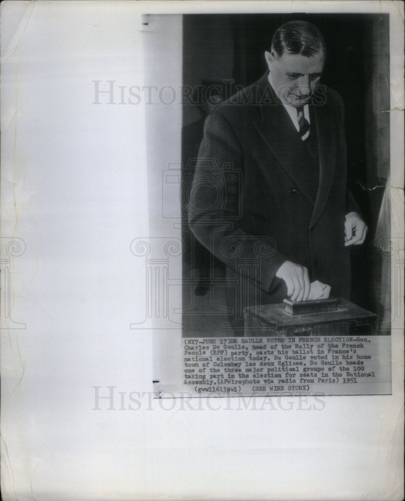 1951 Press Photo GENERAL CHARLES DE GAULLE FRENCH - Historic Images