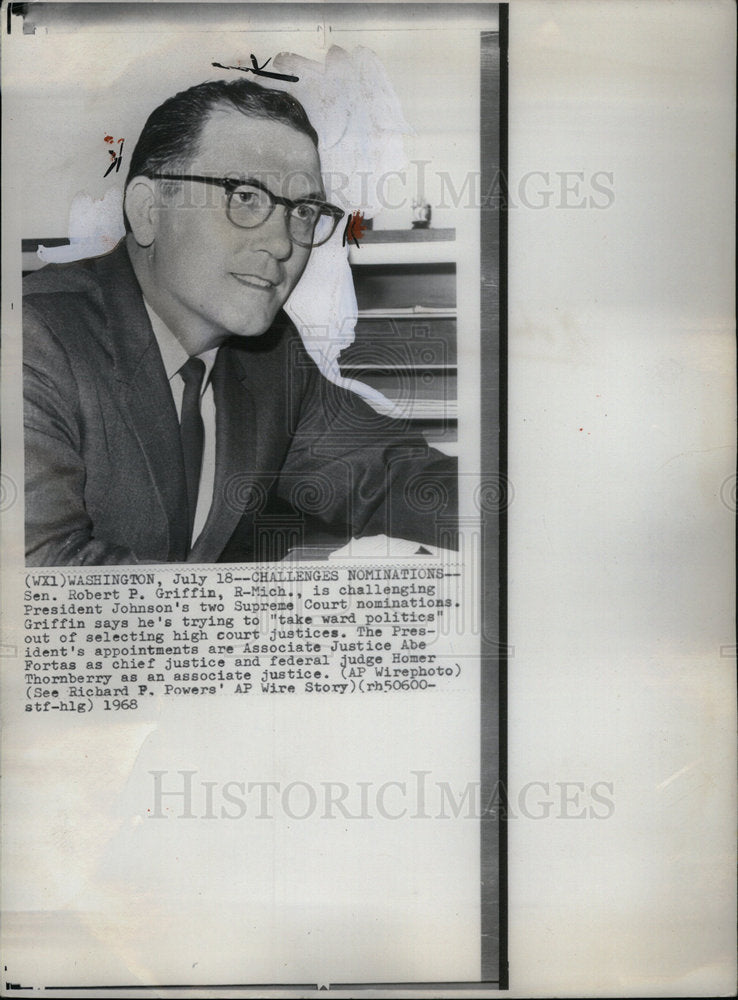 1968 Press Photo Robert P. Griffin, Senator (R-MI) - Historic Images