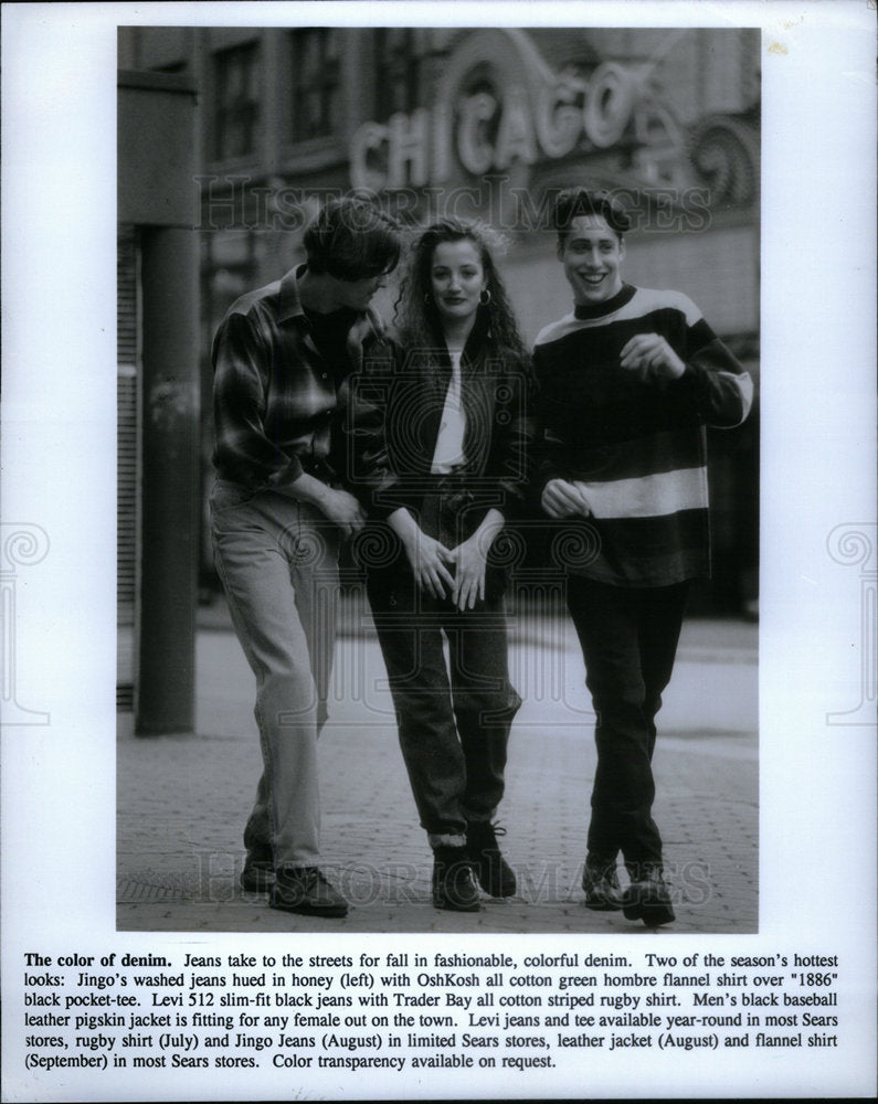 1992 Press Photo Colored Denims Jeans Men Fashion Wear - Historic Images