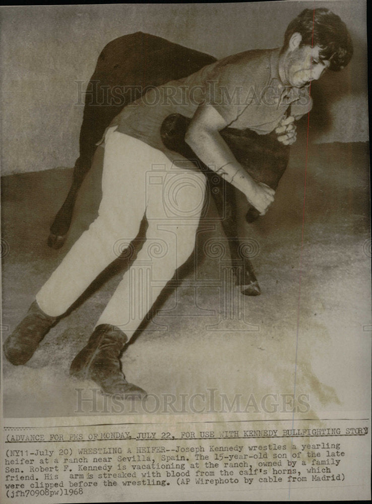 1968 Press Photo Joseph Kennedy wrestles heifer Spain - Historic Images