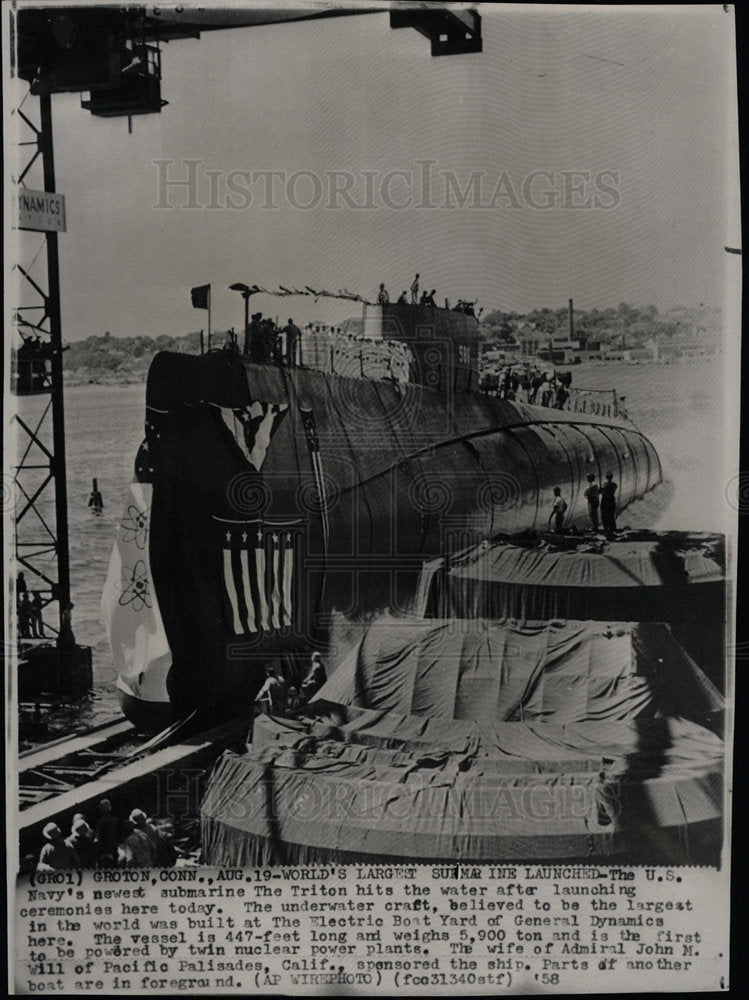 1958 Press Photo U.S. Navy Submarine Triton Launch - Historic Images