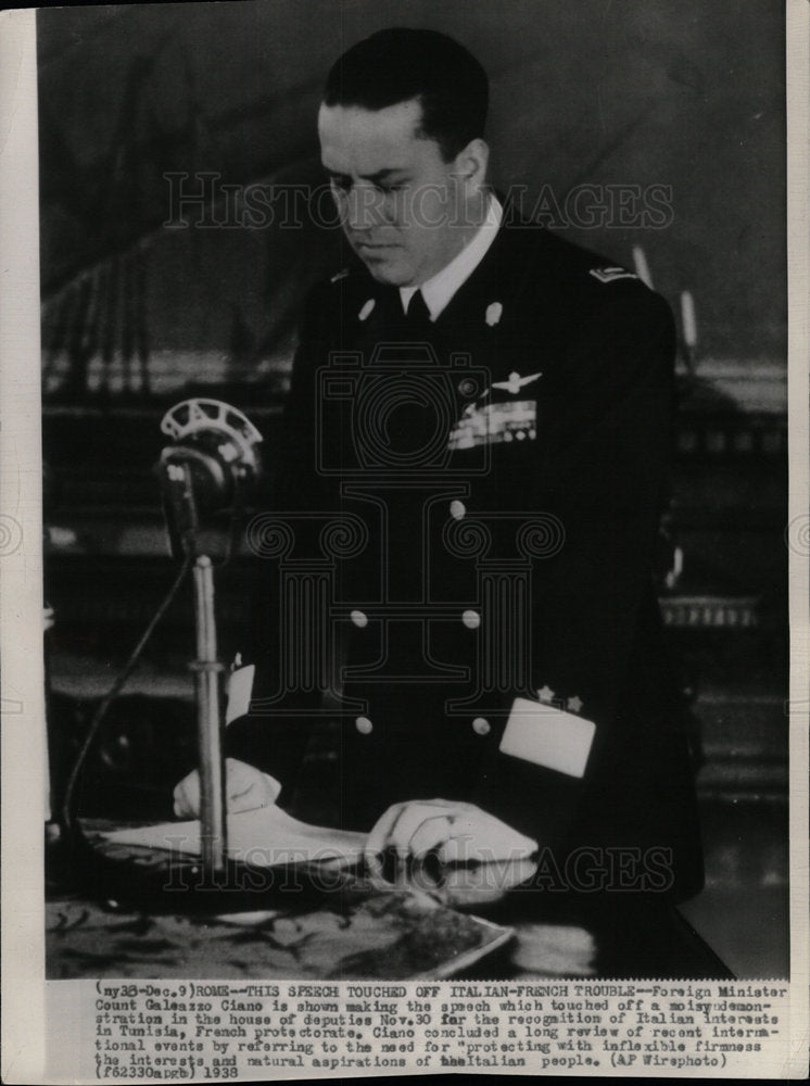 1938 Press Photo Count Ciano, Italian Minister. - Historic Images