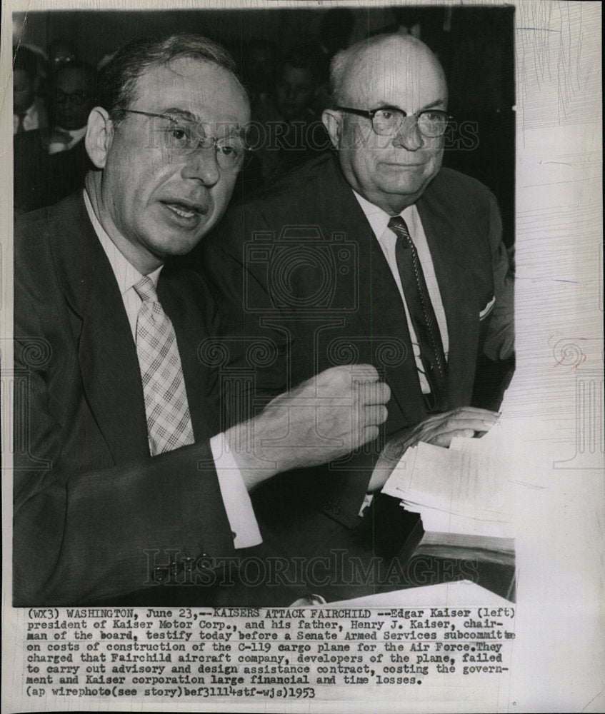 1957 Press Photo Edgar &amp; Henry Kaiser Testify - Historic Images