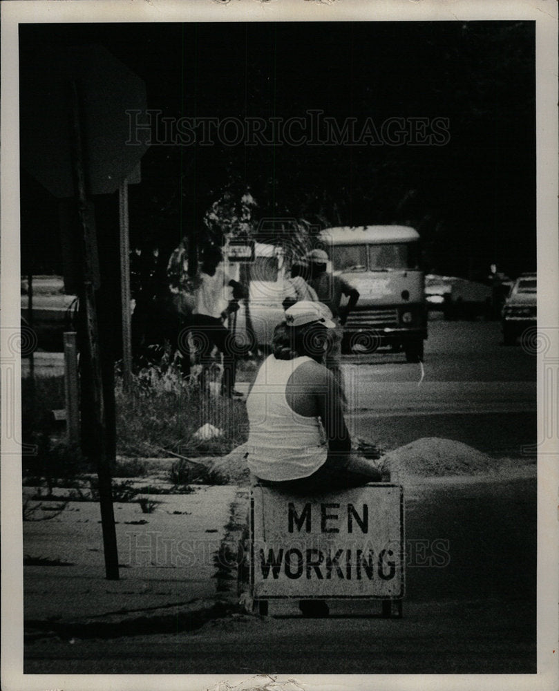 1975 Construction Worker Men Working Sign - Historic Images