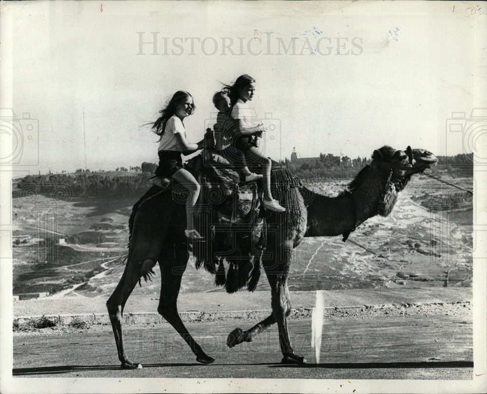 1972 Press Photo 3 Visitors On Camel Ride Israel - Historic Images