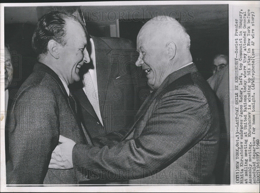 1960 Press Photo Nikita Khrushchev Embraces Janos Kadar - Historic Images