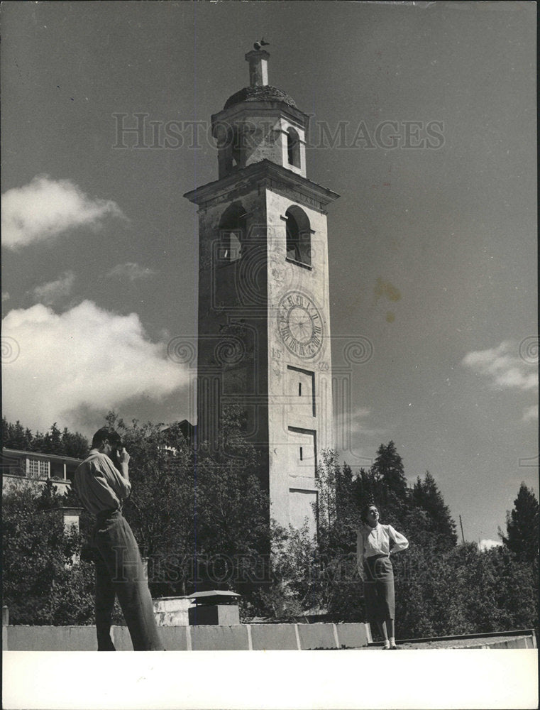 1955 Press Photo Leaning Tower St. Moritz Engadine - Historic Images