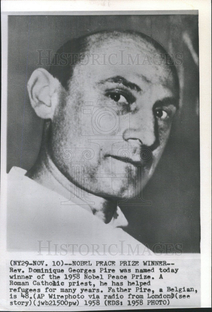 1958 Press Photo Domonique Georges Pire Nobel Prize - Historic Images