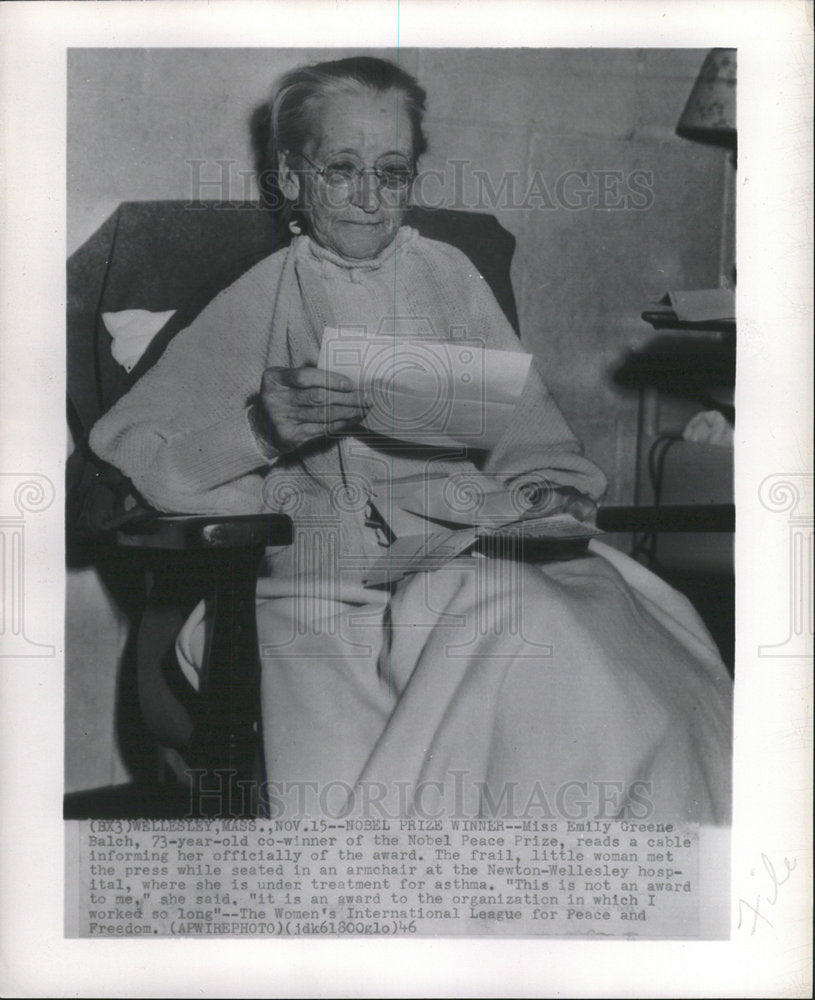 1946 Press Photo Emily Greene Balch Nobel Prize Winner - Historic Images